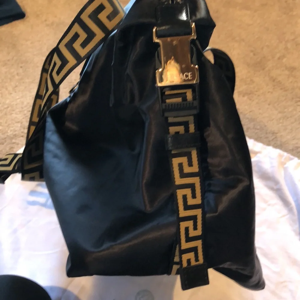 Versace like new black Greca travel bag gold accents nylon magnet close 17x14x7